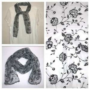 Scarf Flower Grey Black with Silver Sparkles Ruffled Ends Lightweight Floral S27